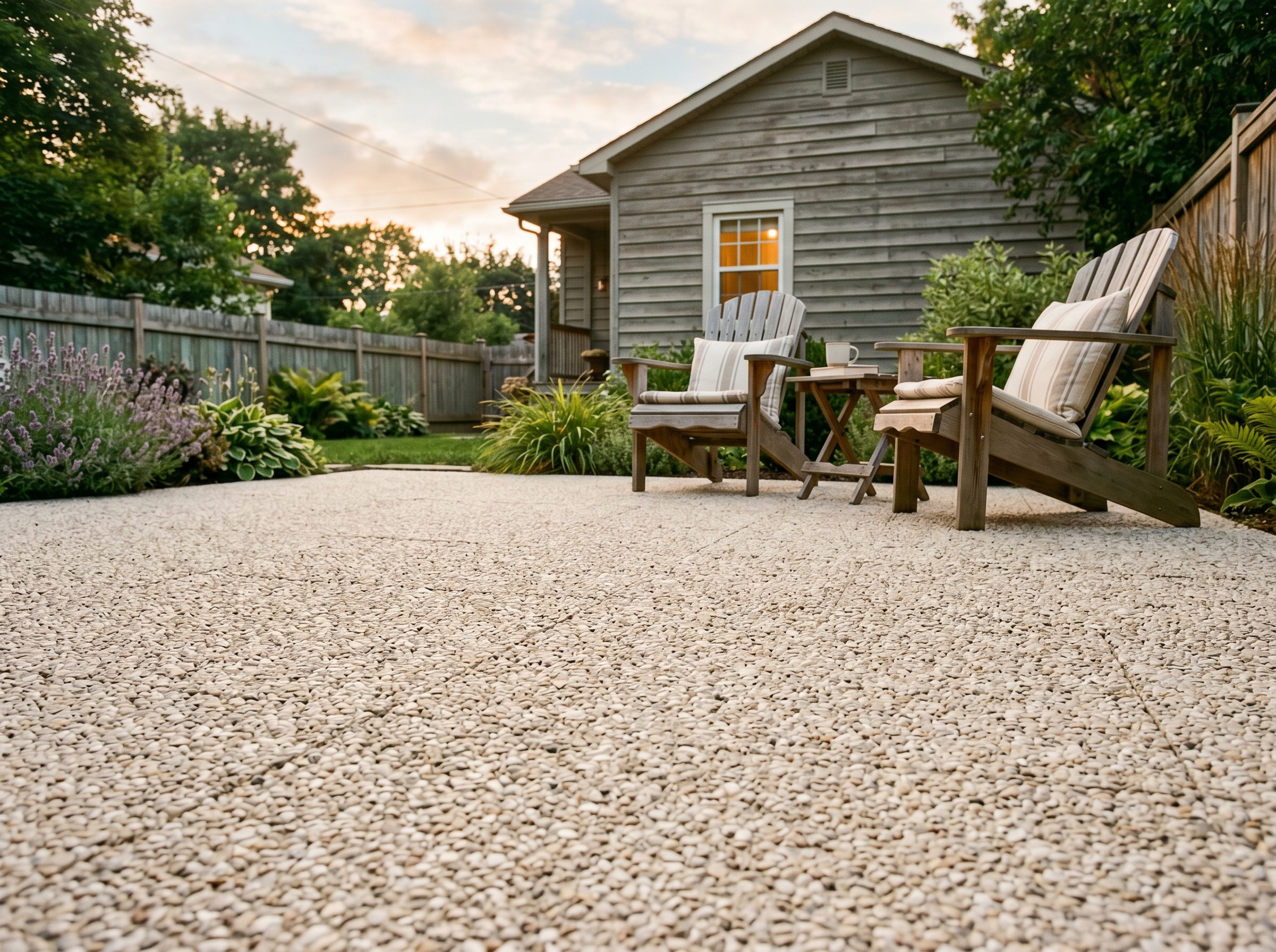 Resin stone driveway suburban bungalow Ontario · warm terracotta aggregate
