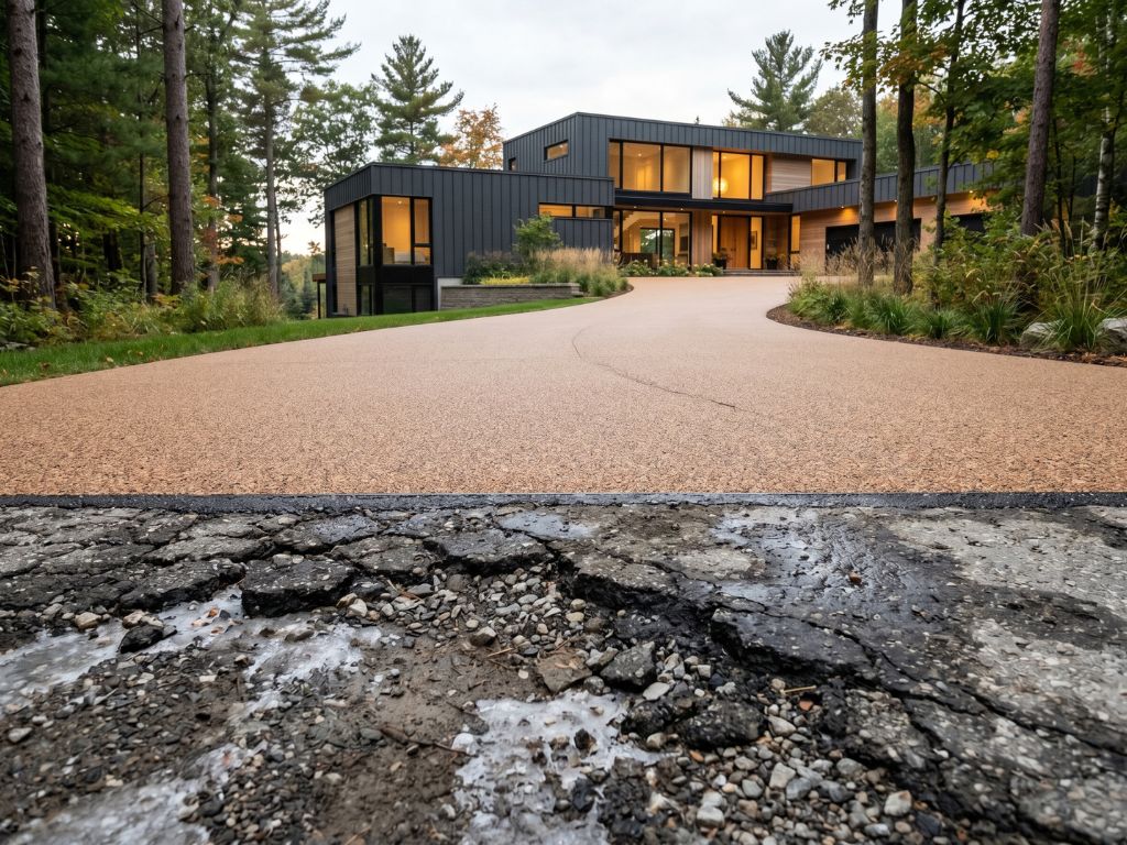 Luxury driveway transformation with custom Vuba Stone resin surfacing and family crest pattern in Oakville