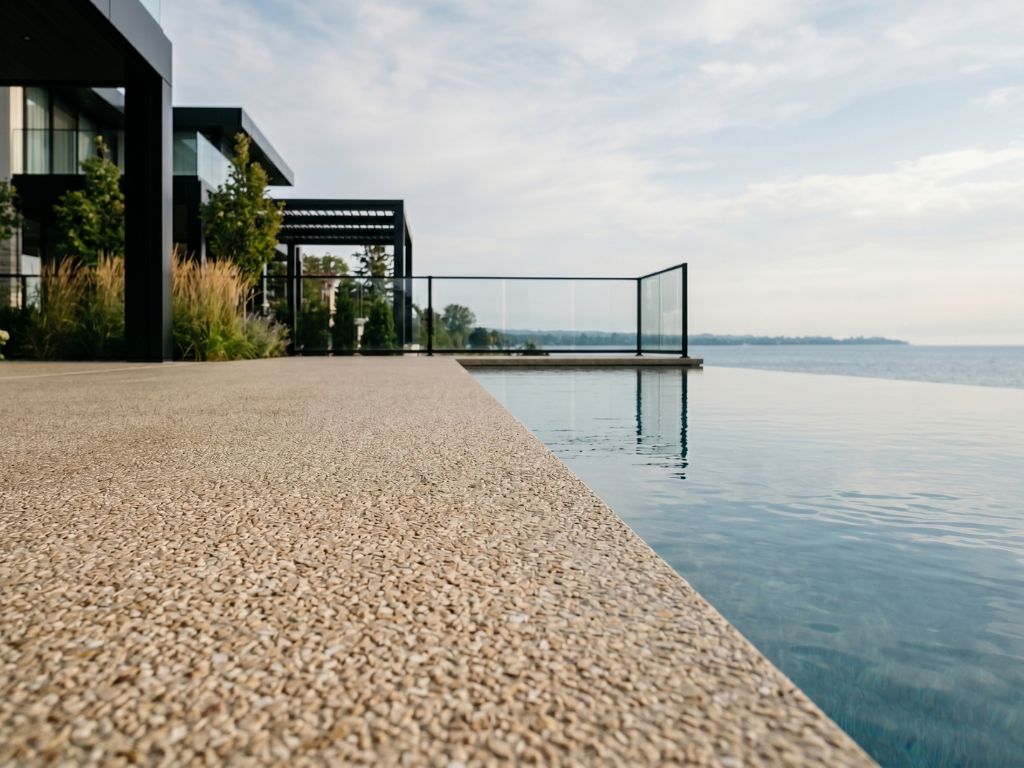 Resort-style pool deck with Vuba Stone non-slip surfacing and integrated lighting in Burlington