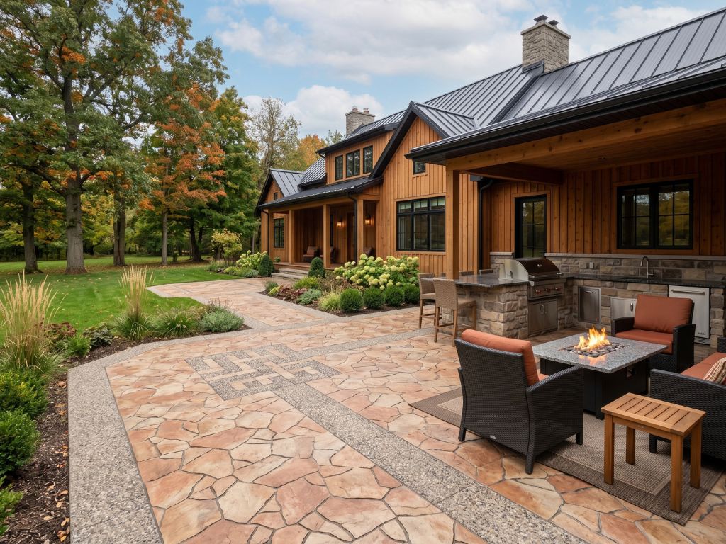 Stamped concrete patio with natural stone inlay and Vuba Stone accents in Milton