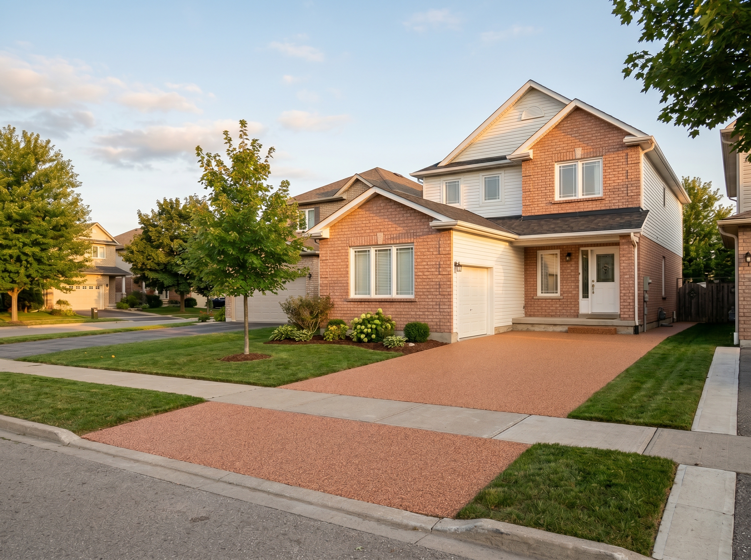 Cream resin stone backyard patio Burlington · wooden chairs · modest garden