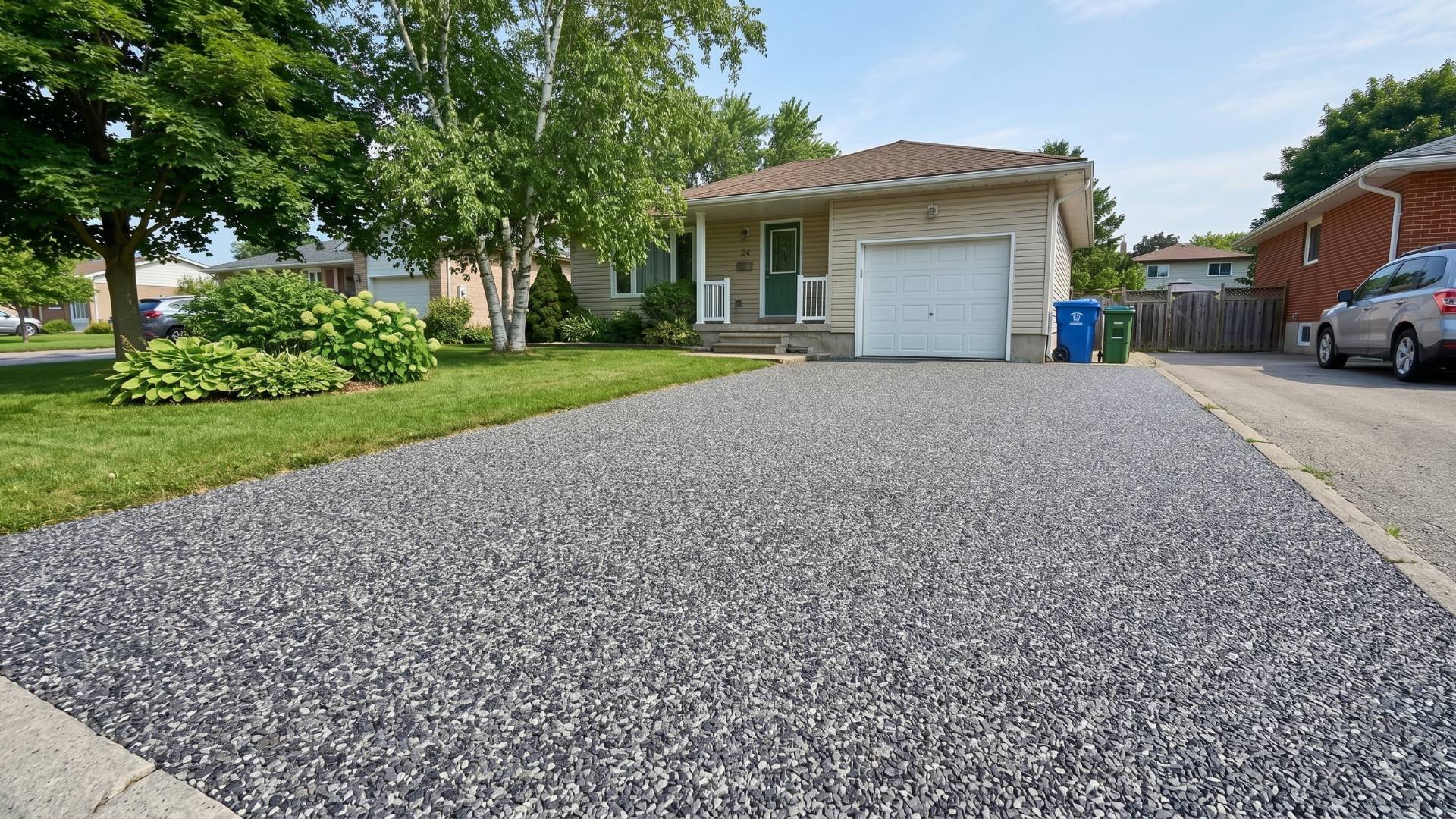 After · Stamped concrete driveway with slate pattern in warm gray