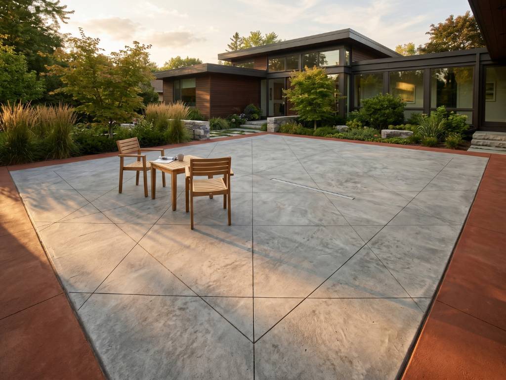 Custom concrete courtyard with integrated colour bands and geometric saw cuts