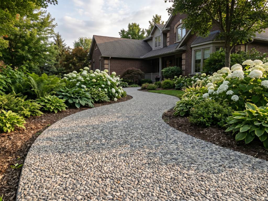 Exposed aggregate walkway with natural river stone texture