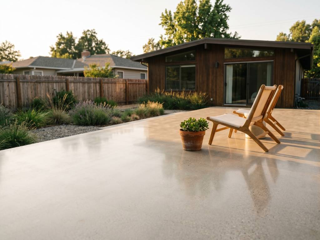 Polished concrete patio with satin sheen reflecting golden hour light
