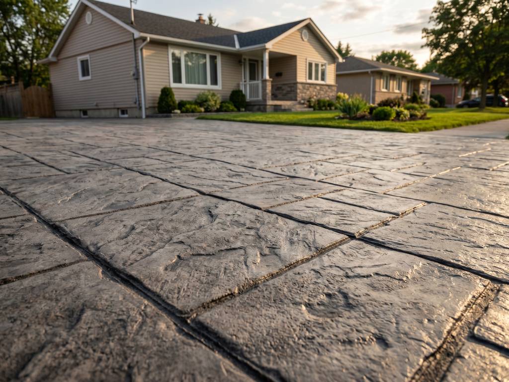 Stamped concrete driveway with slate texture pattern in warm gray tones