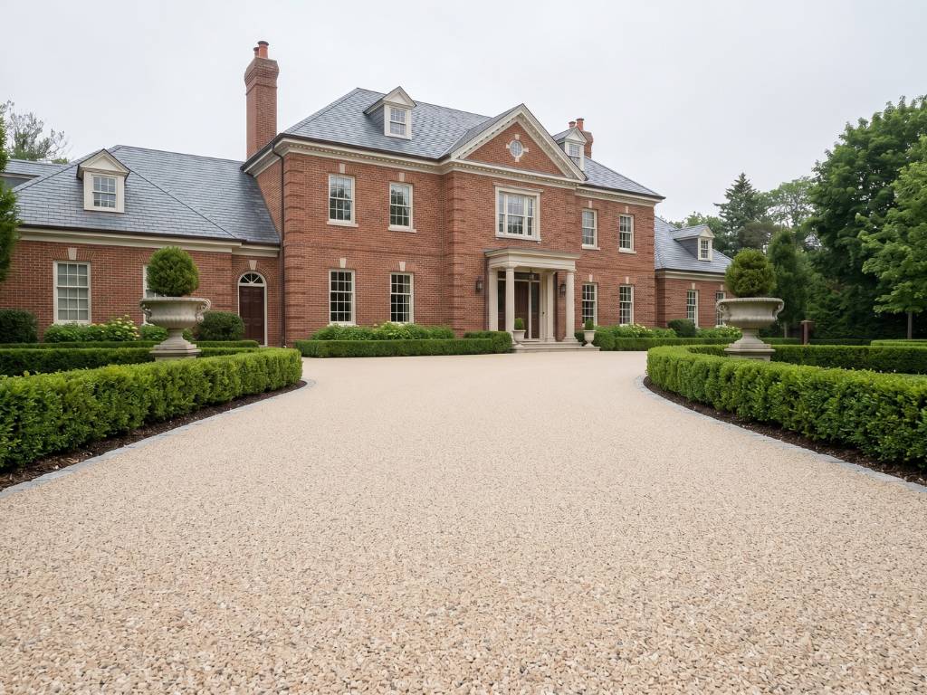 Elegant curved driveway Burlington · stately home