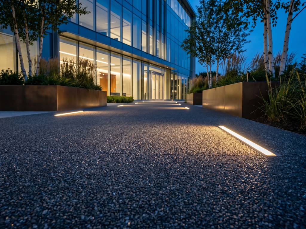 Corporate walkway · charcoal gray resin · dawn lighting