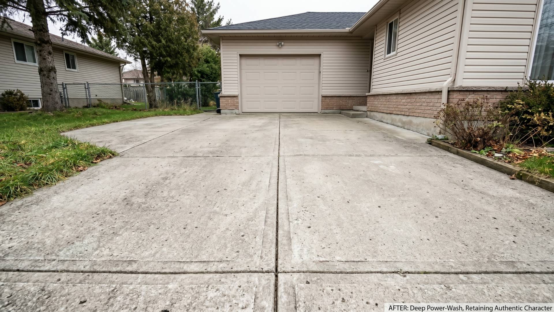 After · Restored concrete driveway — clean, moss-free, clear joints, protective seal applied