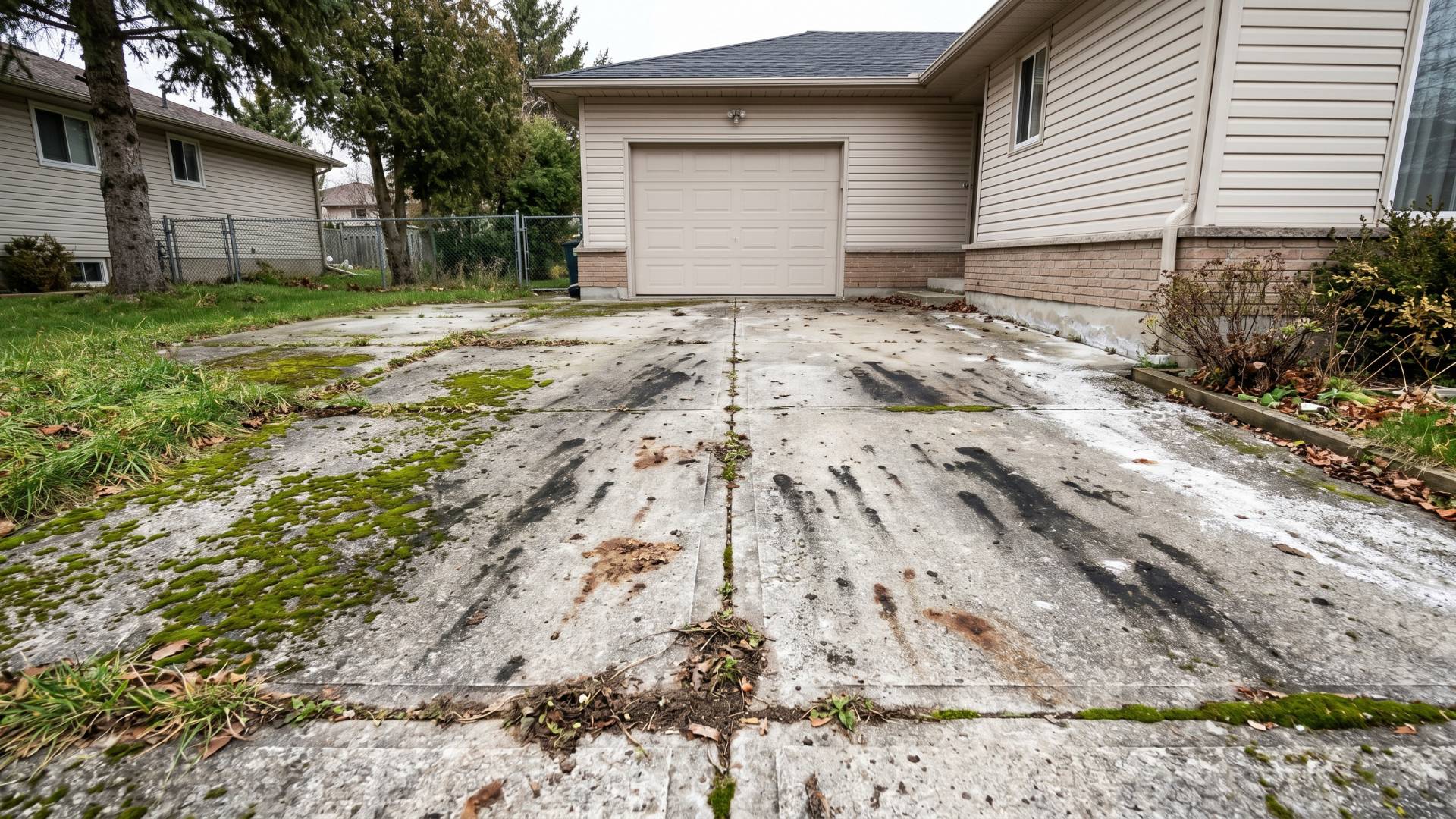 Before · Concrete driveway with moss, salt stains, decomposing leaves and dirty joints