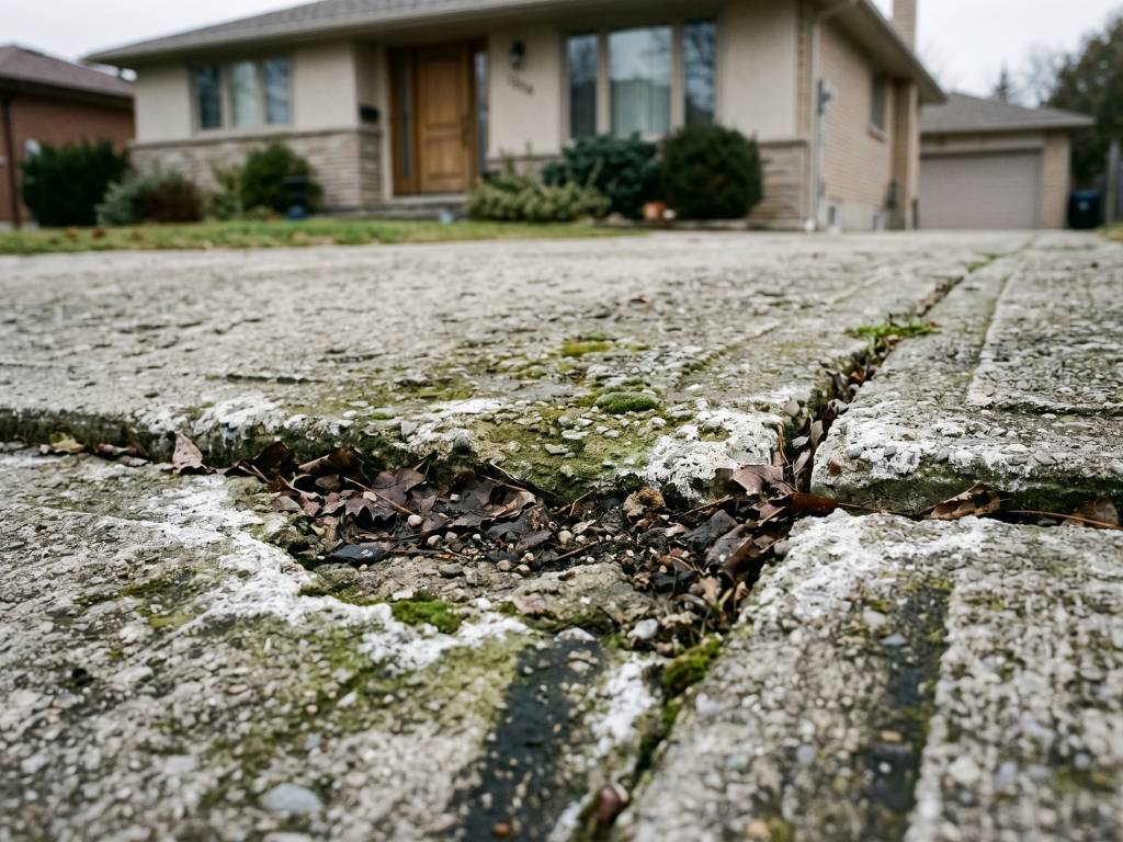 Concrete surface with moss, leaf stains and winter salt deterioration — before cleaning