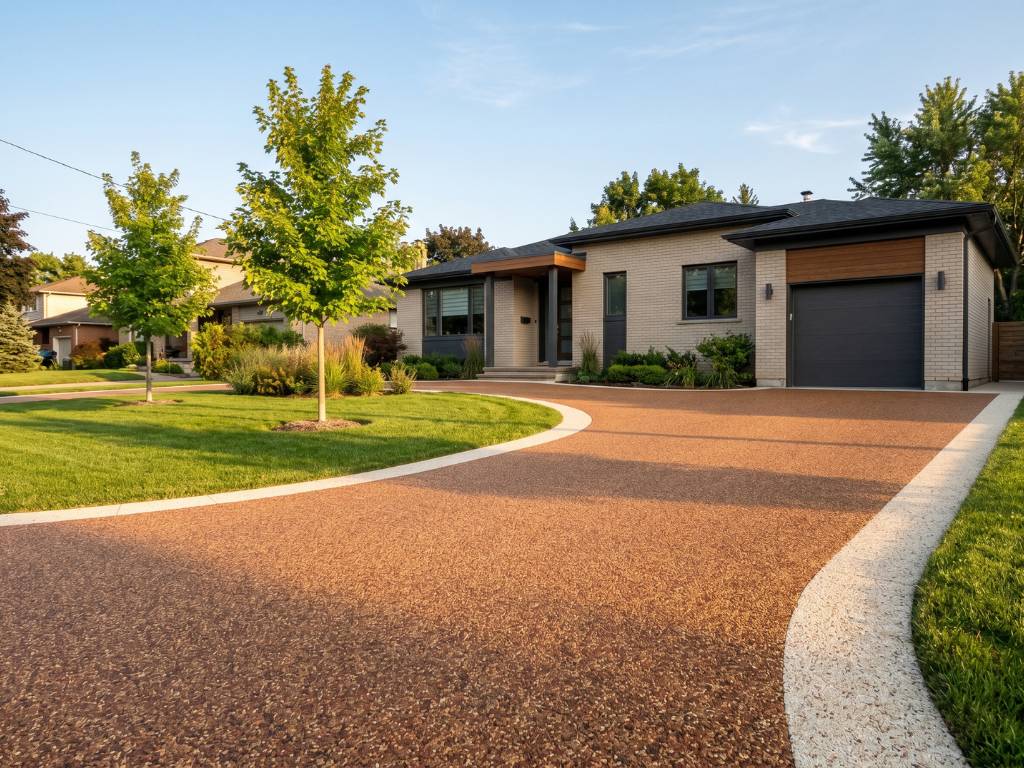 Seamless resin stone driveway in warm terracotta aggregate curving toward modern garage