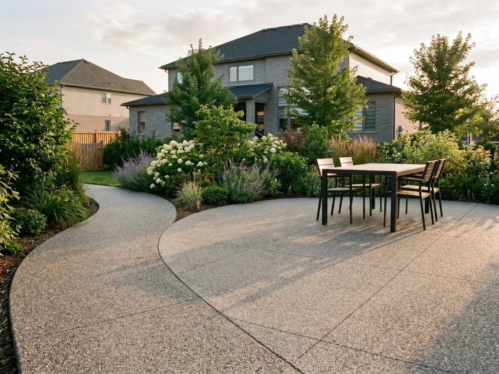 Elegant resin stone patio with custom pattern inlay and outdoor dining furniture