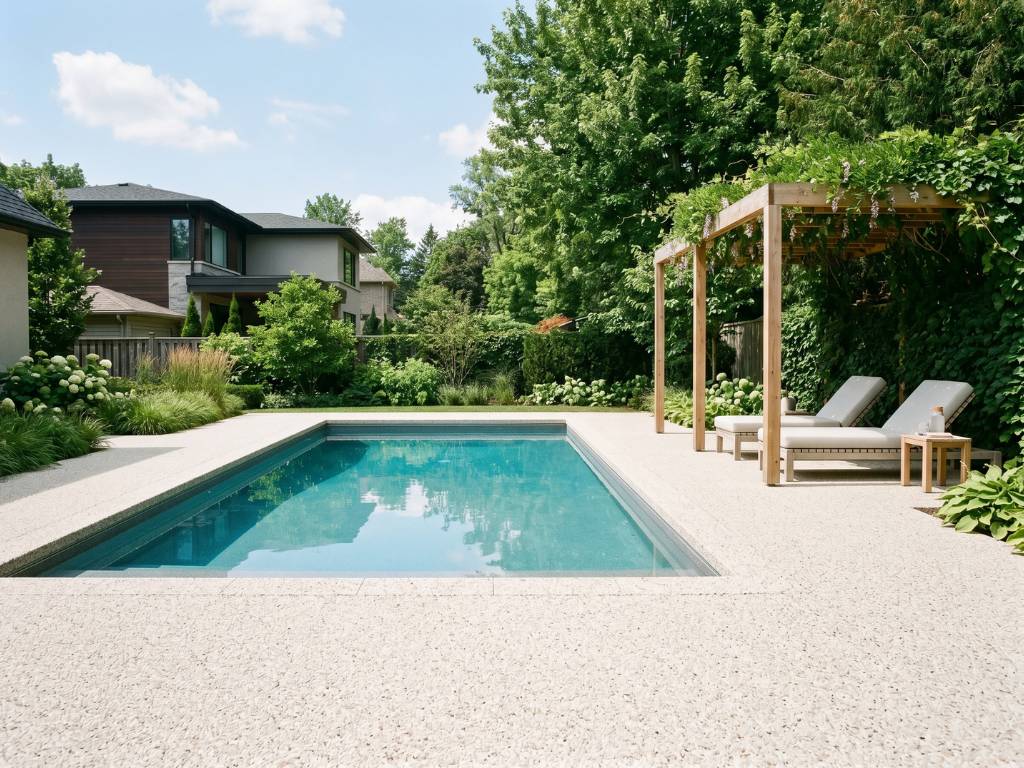 Cool-touch resin stone pool deck in cream aggregate with integrated drainage