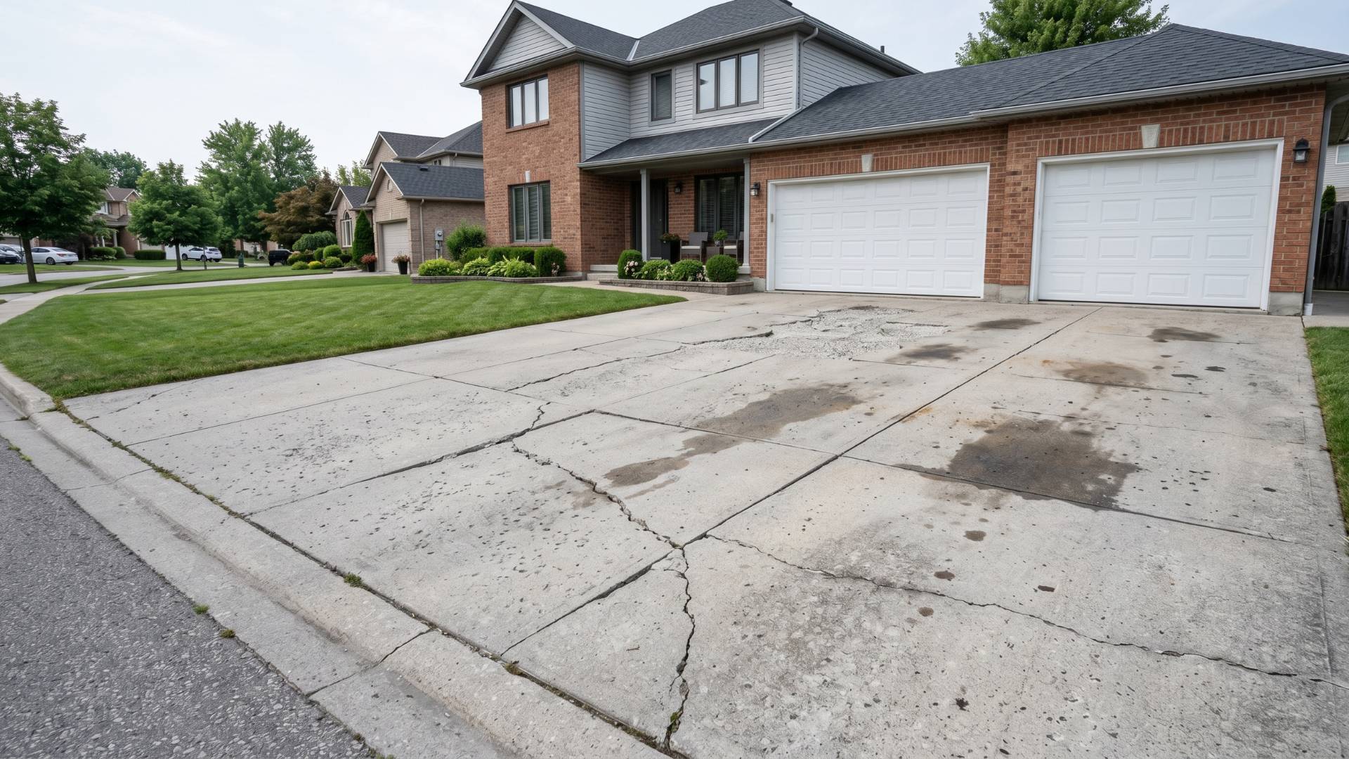 Before · Severely cracked concrete driveway with potholes and salt damage
