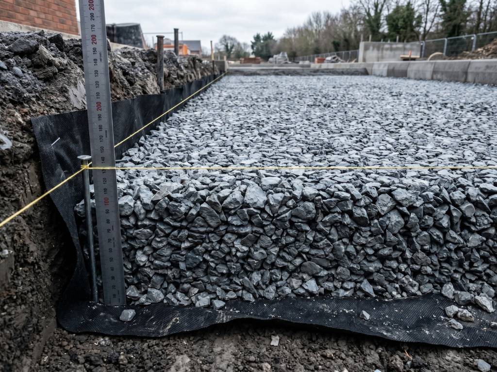 Permeable sub-base of clean crushed stone ready for resin stone installation
