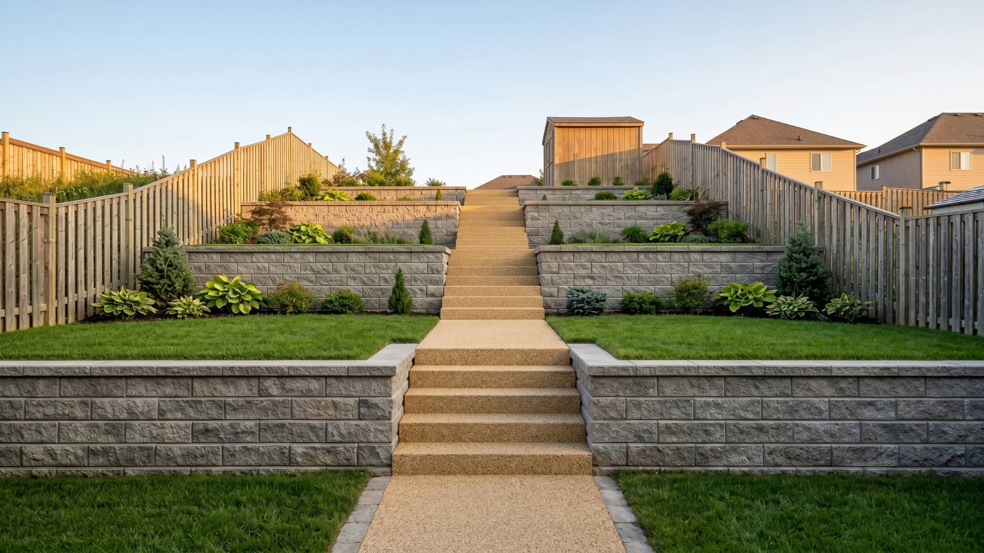 After · Multi-level terraced garden with engineered block walls, planting beds and resin stone walkways