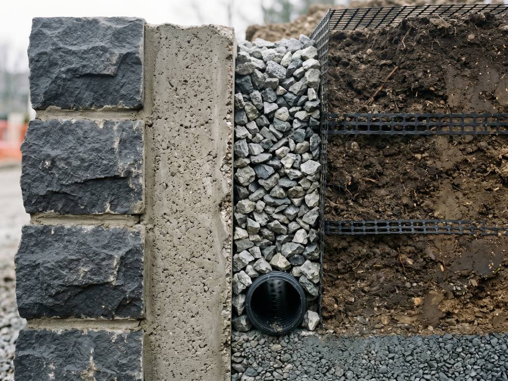 Cross-section diagram of engineered retaining wall showing facing, drainage zone, geogrid layers and footing