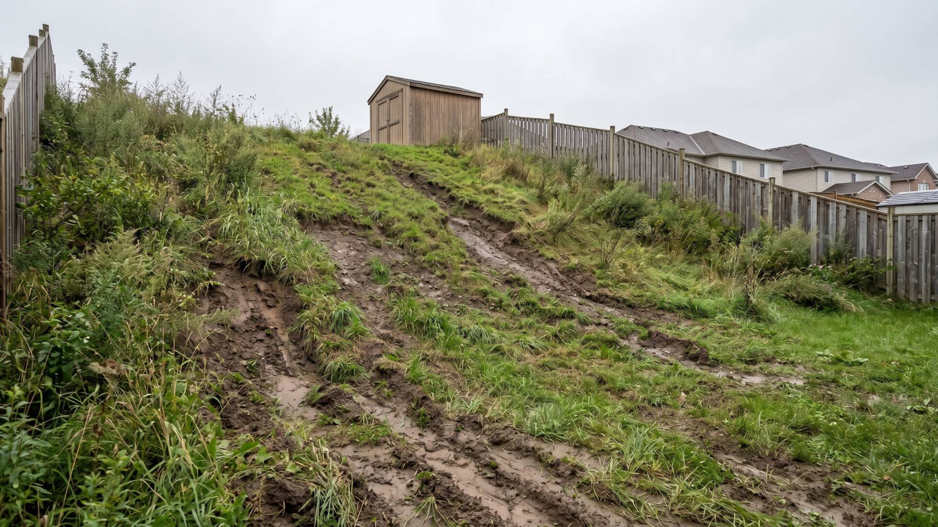 Before · Steep eroding hillside with exposed soil, weeds and no usable space