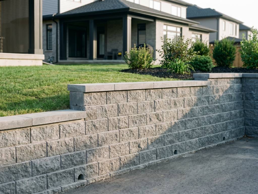 Engineered retaining wall block system with clean lines and integrated drainage behind