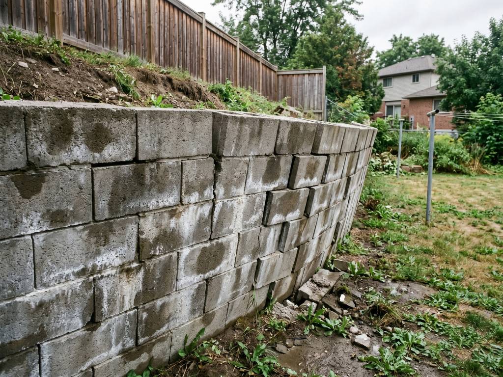 Concrete block retaining wall tilted and cracked due to inadequate drainage