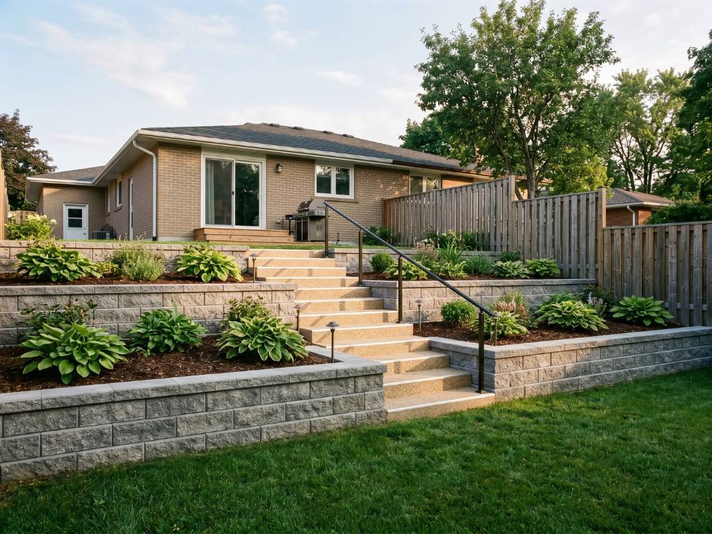 Multi-level terraced garden with retaining walls, integrated planting beds and outdoor lighting