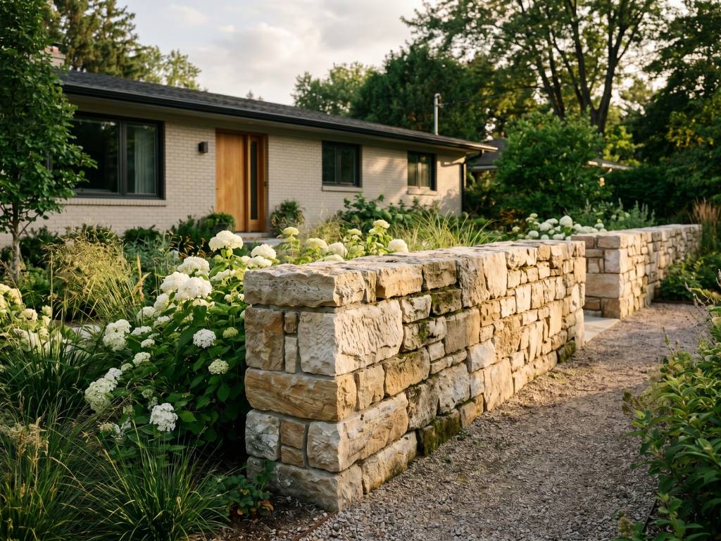 Natural stone veneer retaining wall with warm sandstone texture and integrated landscape lighting