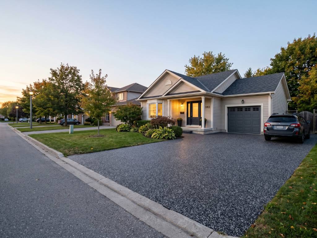 Vusion photorealistic render of a resin stone driveway on a modest suburban home